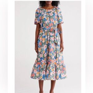 MELLODAY Vibrant Floral Print Poplin Blue Midi Dress BNWT